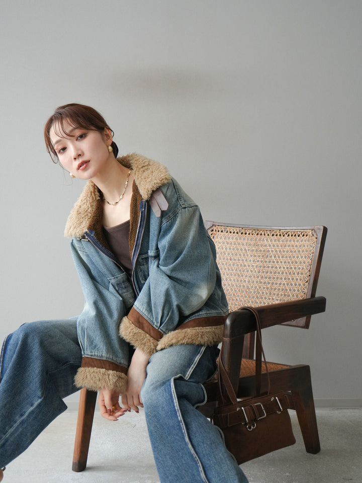 [予約]スタンドカラーファー×デニムジャケット/lightblue