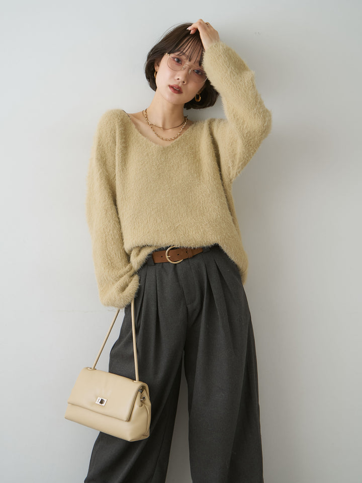 [SET]シャギーVネックニットトップス+ダブルタックドレープストレートワイドパンツ(2set)