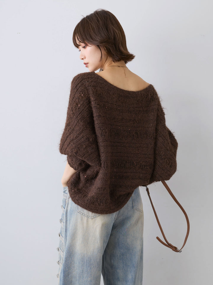 [予約]ミックス透かし編ワイドネックニットトップス/brown