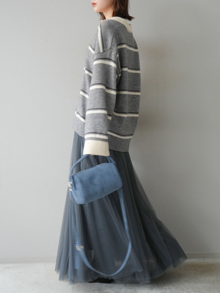 [SET]ポロ襟スキッパーボーダーニットプルオーバー+チュールボリュームスカート(2set)