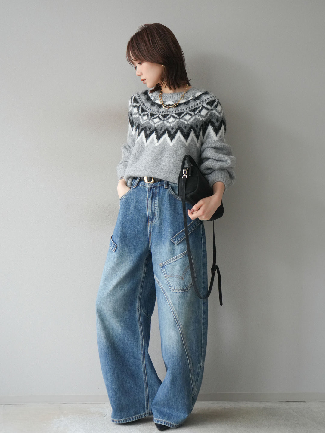 [SET]求心柄オーバーニットプルオーバー+ペインターカーブデニムパンツ(2set)