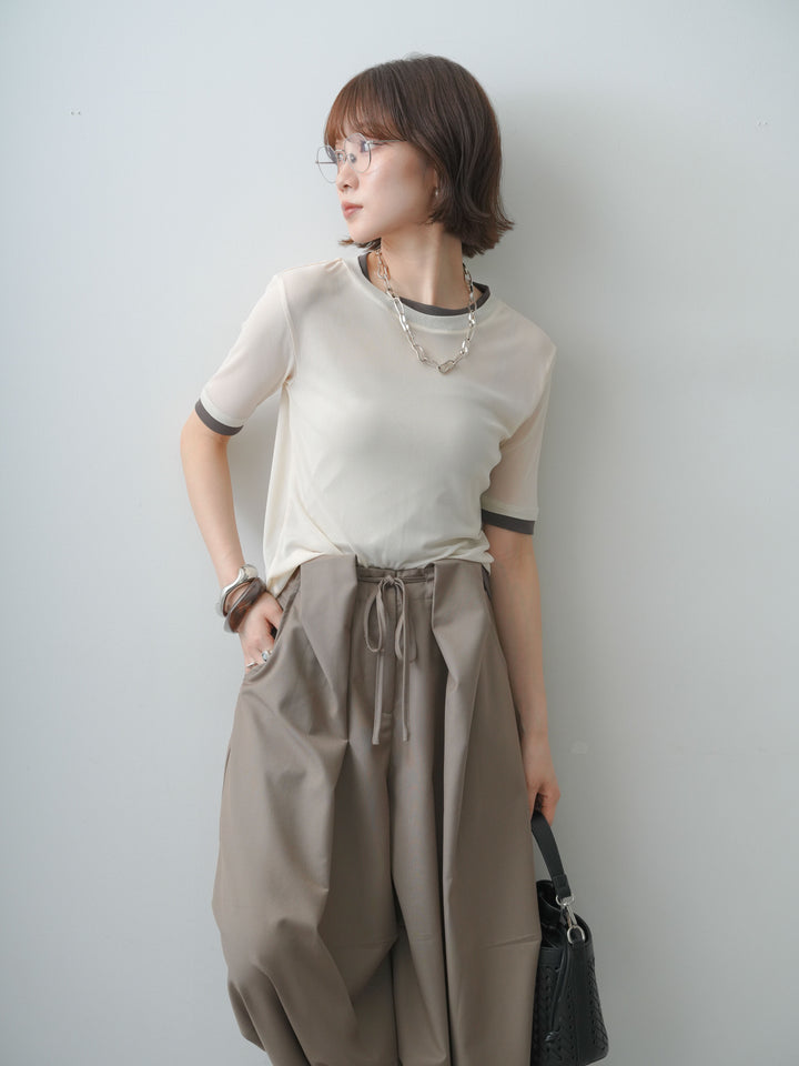 [SET]トリムレイヤードシアー半袖トップス+ベルトループカーブタックワイドパンツ(2set)