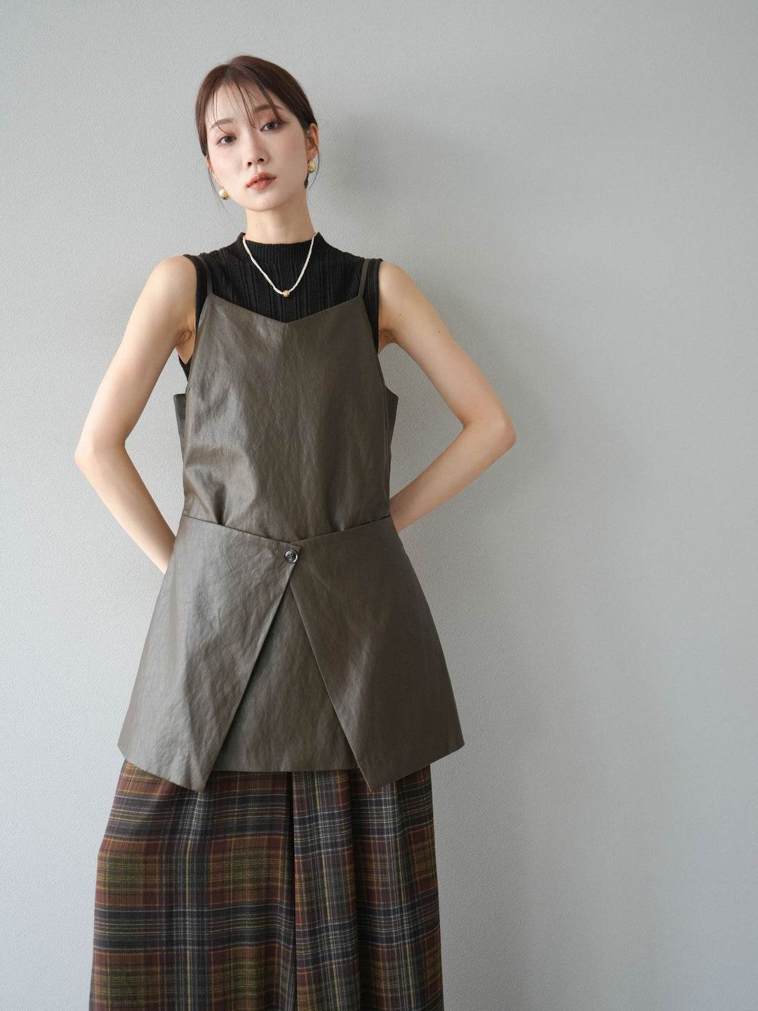 [予約]レイヤードレザーキャミソールチュニック/ブラウン