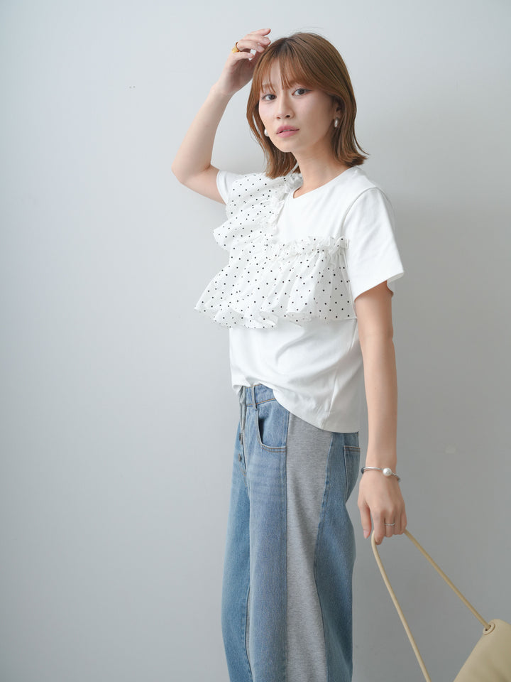[SET]ドットギャザーフリルデザインTEE+デニム切替スウェットパンツ(2set)