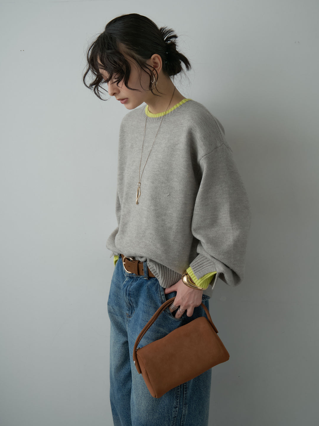 [予約]バイカラーカフスレイヤードニットプルオーバー/gray