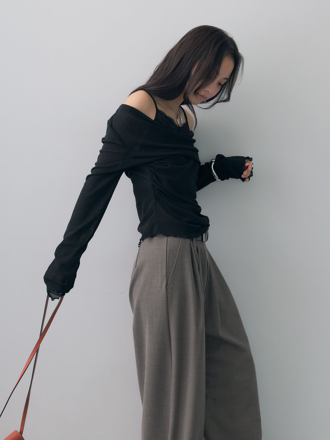 [SET]レースレイヤードデザインドレープシアートップス+選べるアクセセット(2set)