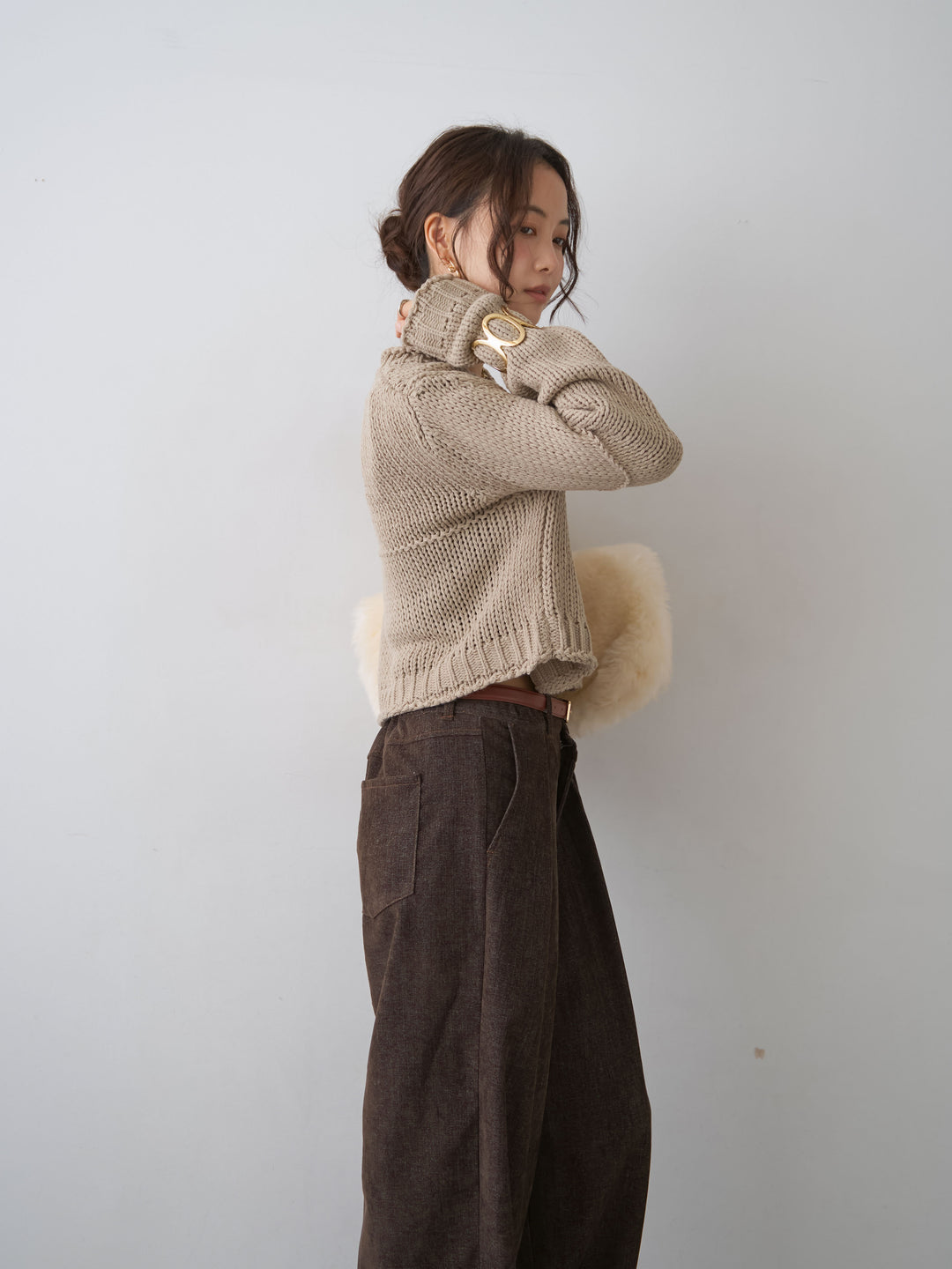 [予約]シームデザインクロップニットトップス/beige