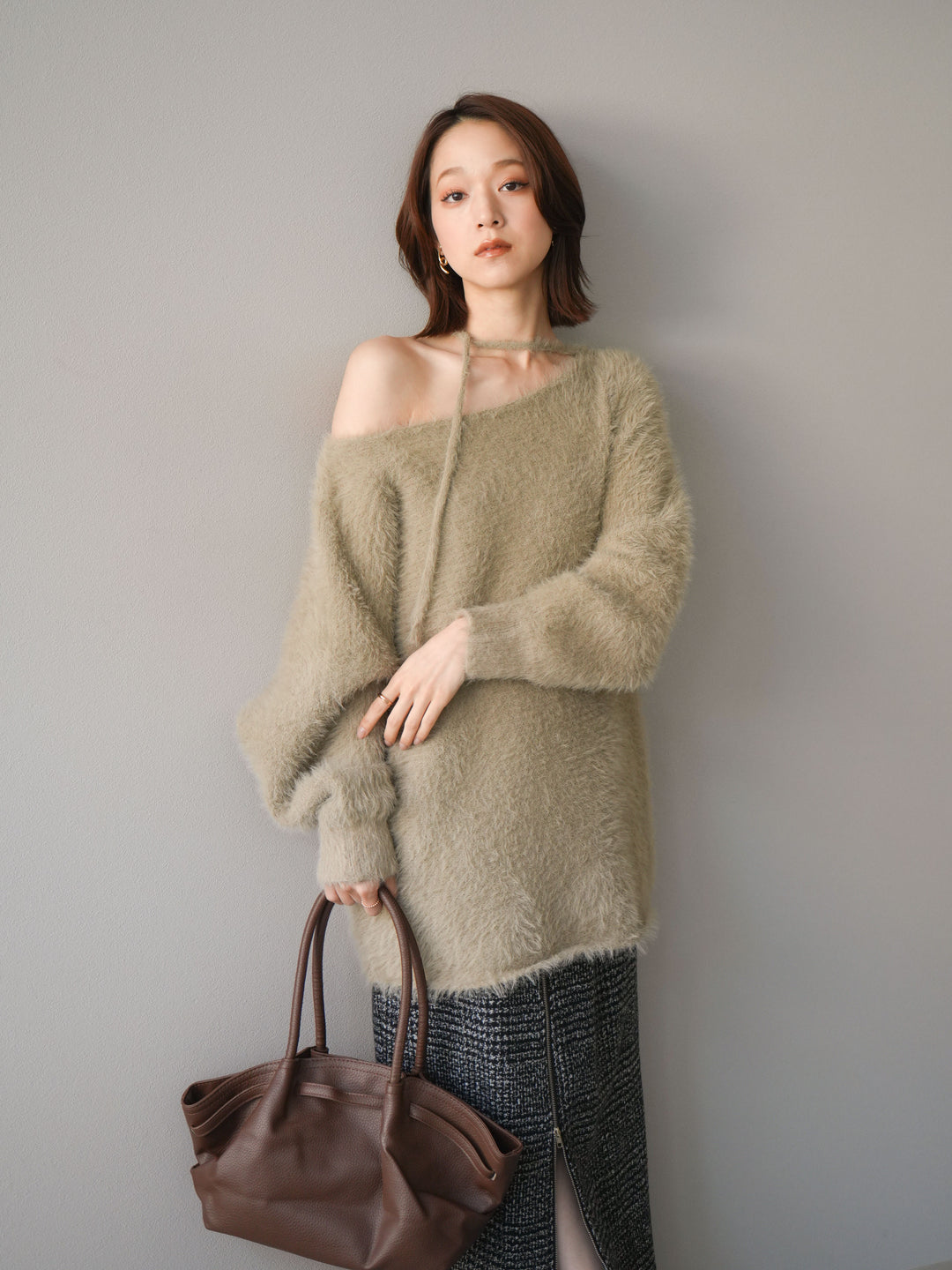 [予約]紐付きシャギーニットプルオーバー/beige