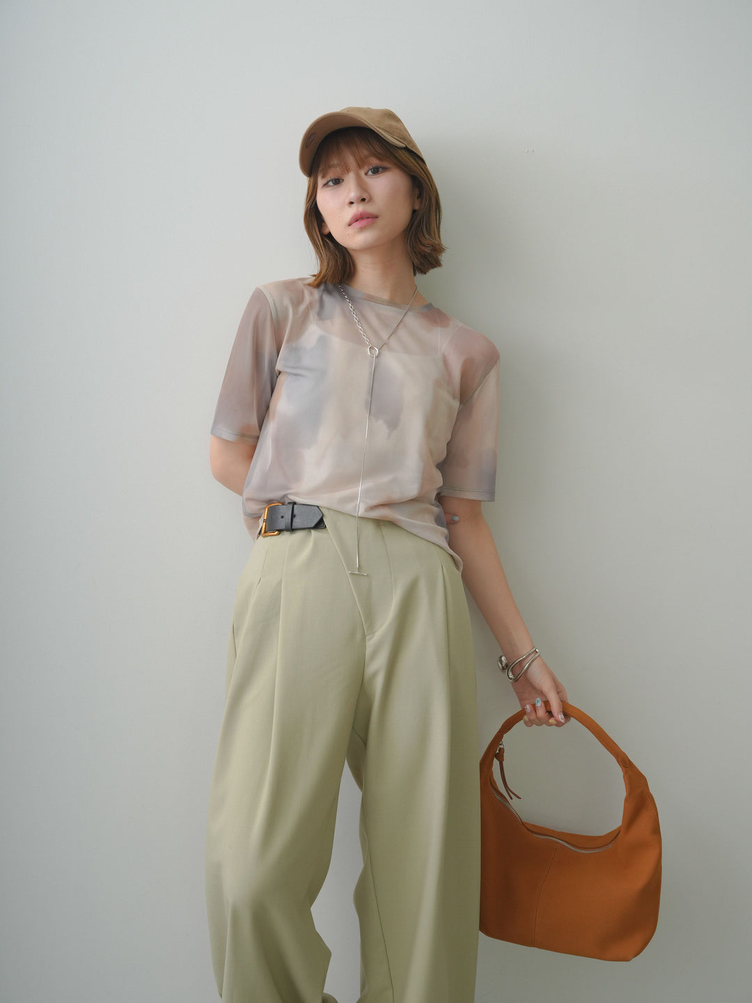 [SET]水彩アートシアーTシャツ+アシンメトリーベルトタックワイドパンツ(2set)