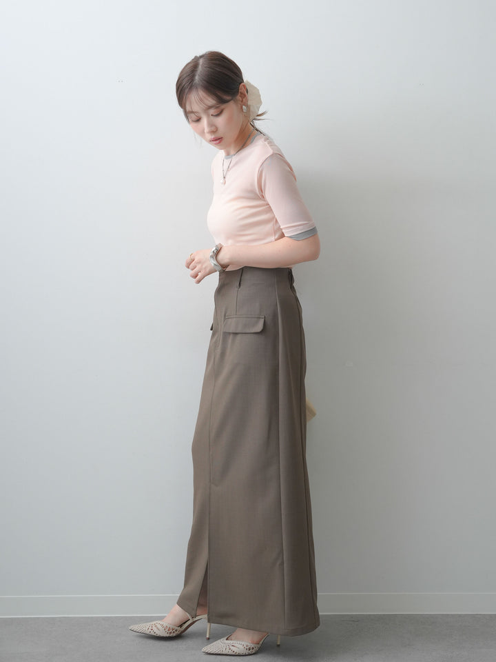 [SET]トリムレイヤードシアー半袖トップス+クレープデシンフラップ付きストレートスカート(2set)