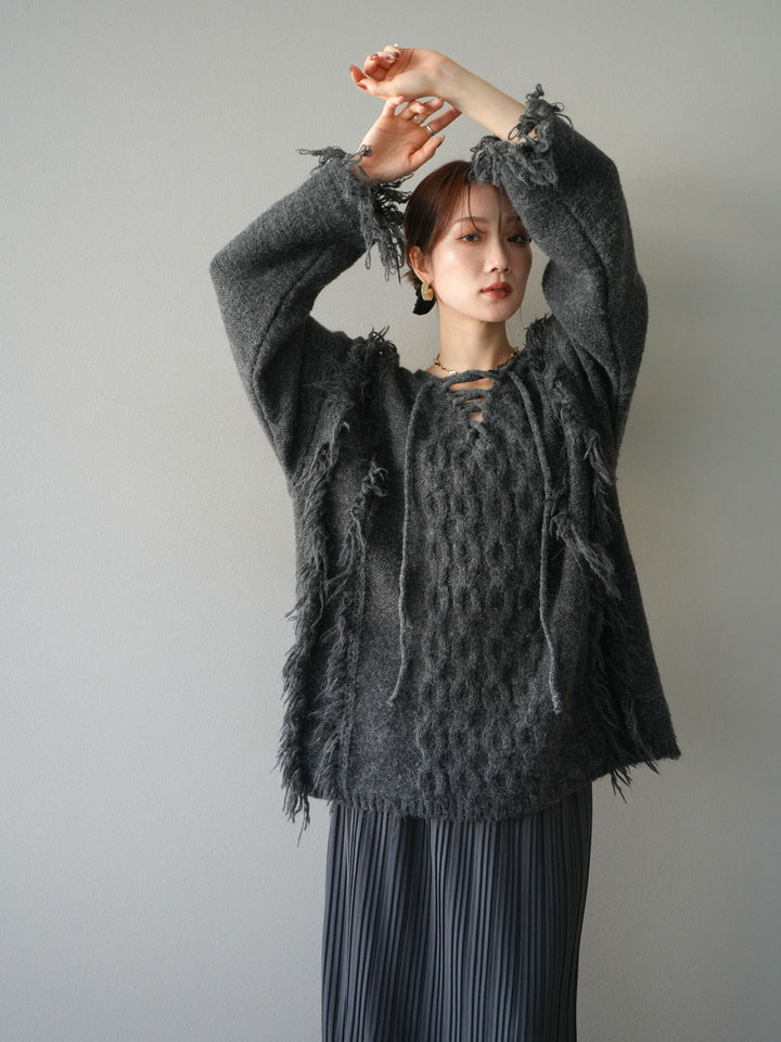 [予約]レースアップフリンジニットプルオーバー/gray