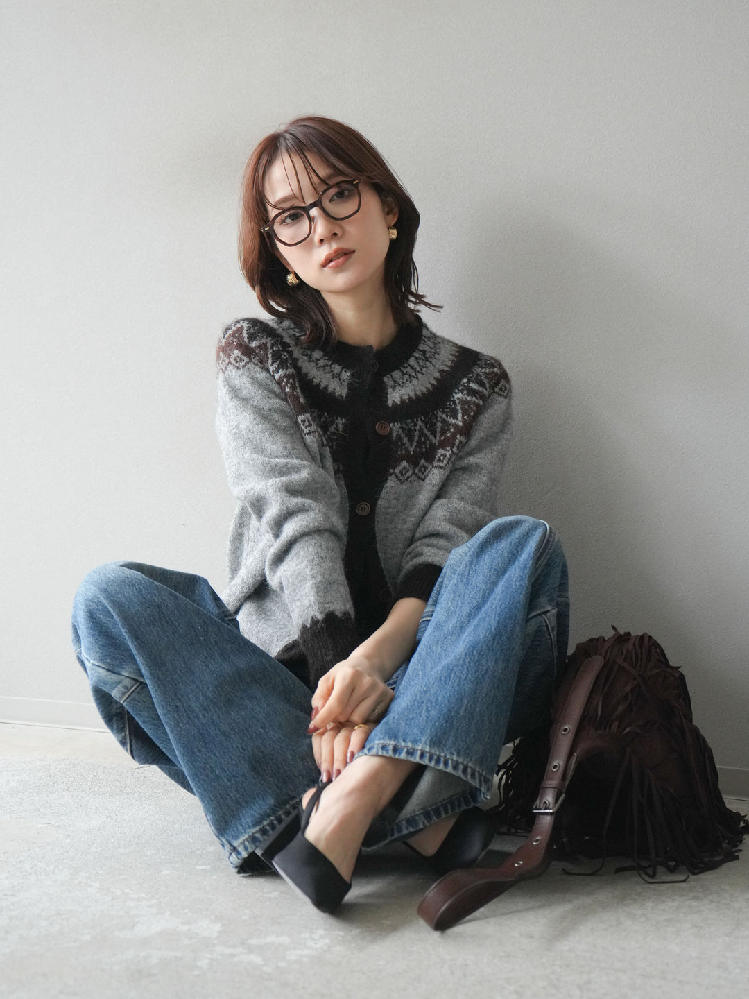 [SET]ノルディック柄ニットカーディガン+ペインターカーブデニムパンツ(2set)