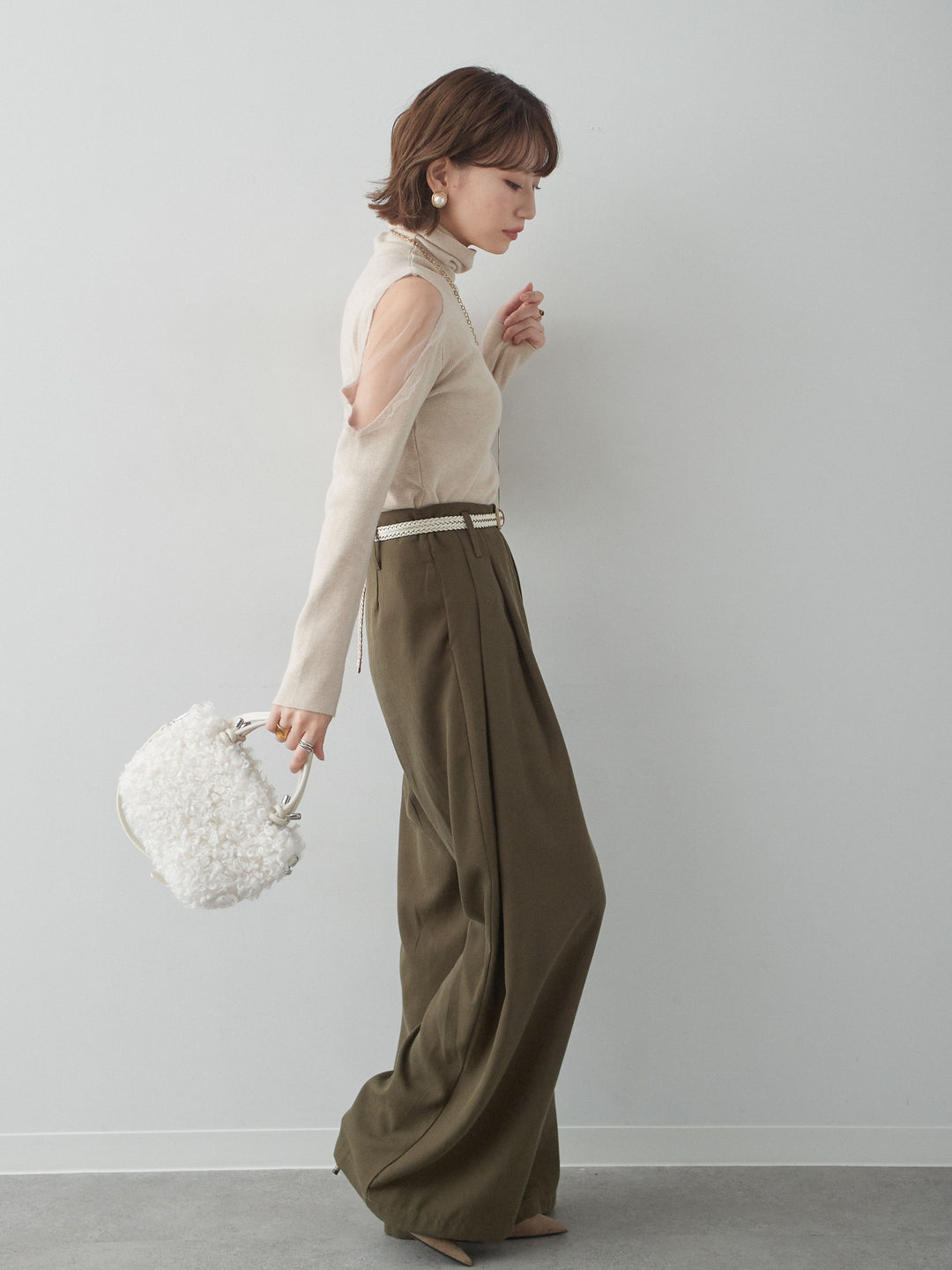 [SET]ショルダーチュールハイネックニットトップス+ツータックドレープストレートパンツ(2set)