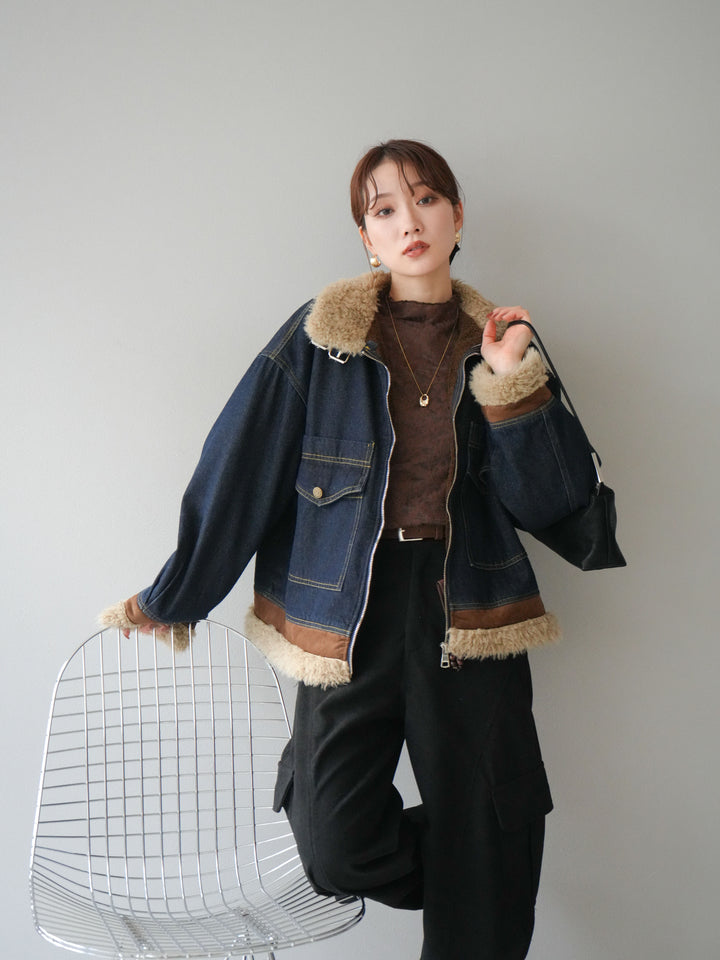 [予約]スタンドカラーファー×デニムジャケット/indigo