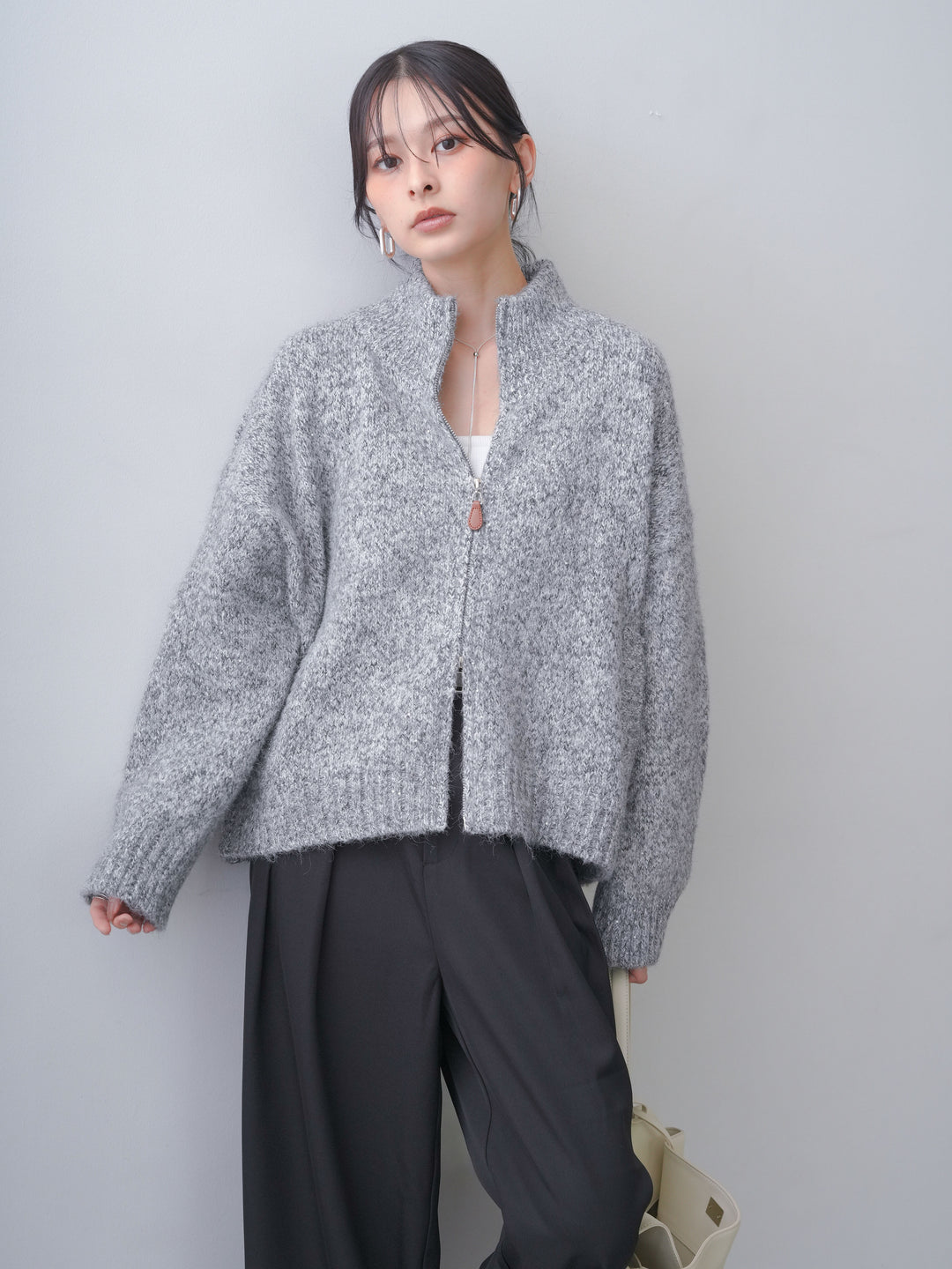 [SET]メランジダブルジップニットブルゾン+ツイルタックワイドパンツ(2set)