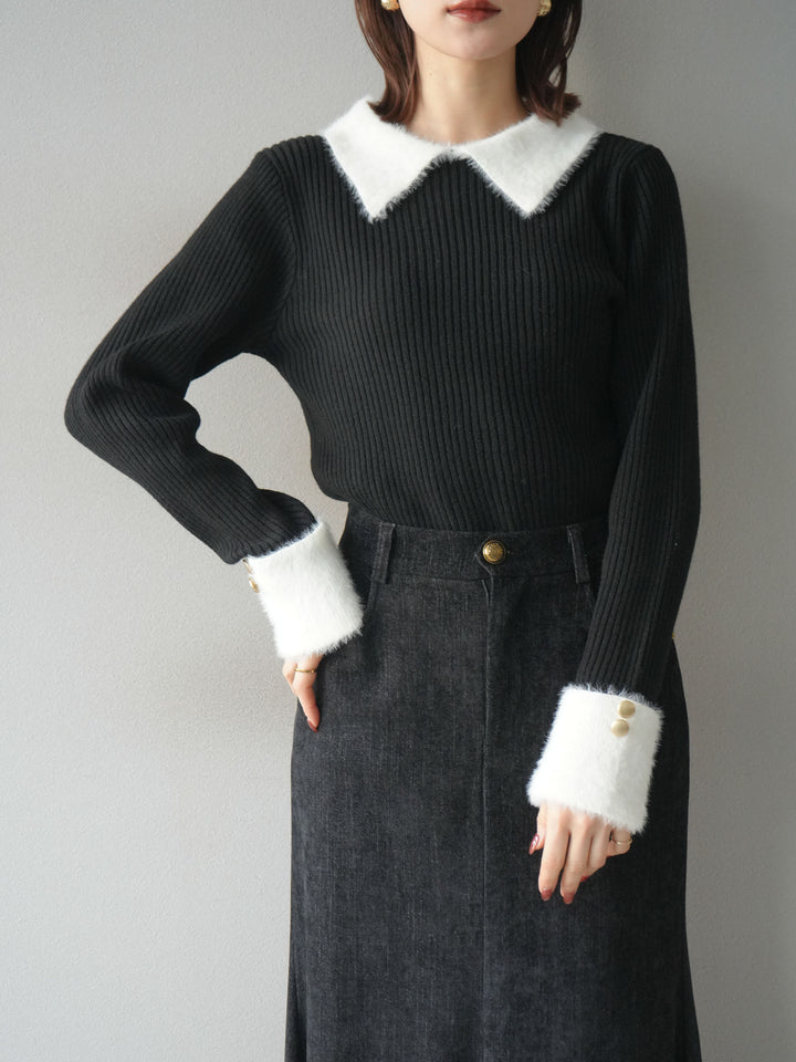 [SET]シャギー襟リブニットトップス+ベルベットマーメイドスカート(2set)