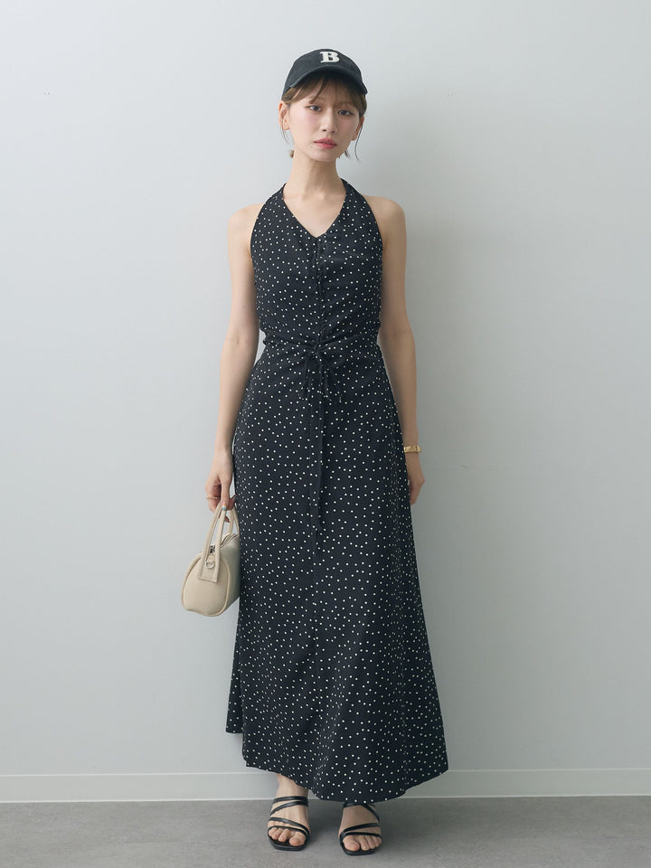 [SET]ホルターネックドット柄シャーリングデザインワンピース+選べるアクセセット(2set)