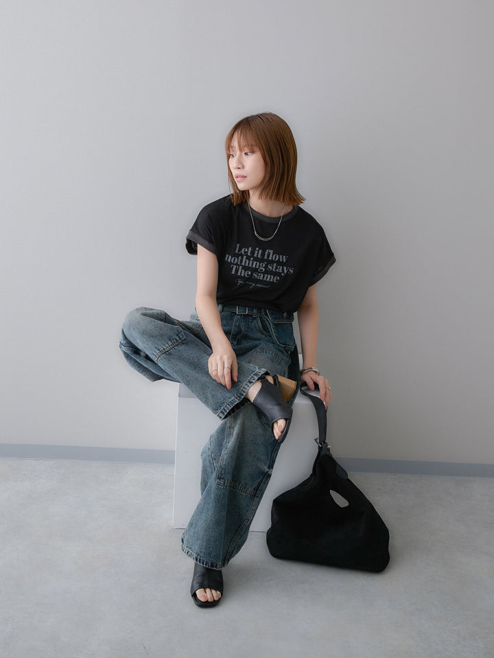 [SET]シアースラブバイカラーフレンチTEE+マルチポーチ付立体カーブデニム(2set)