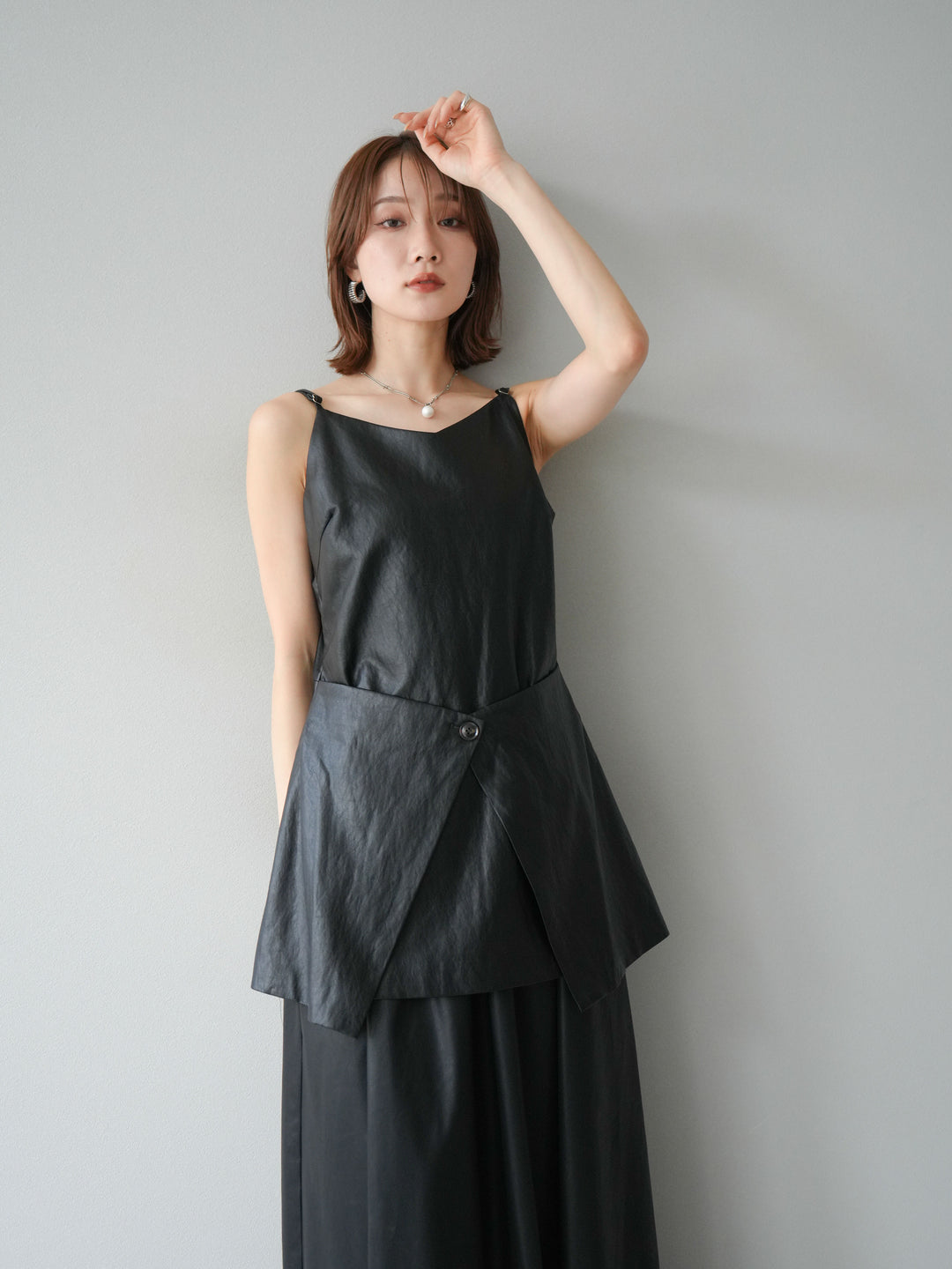 [予約]レイヤードレザーキャミソールチュニック/ブラック