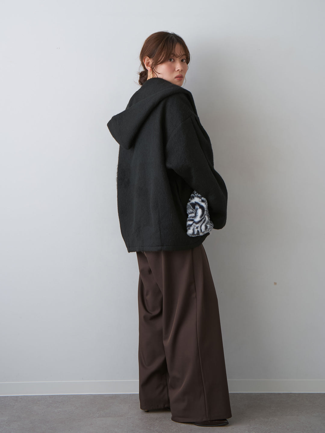 [SET]フードマフ付メランジコート+ツイルタックワイドパンツ(2set)