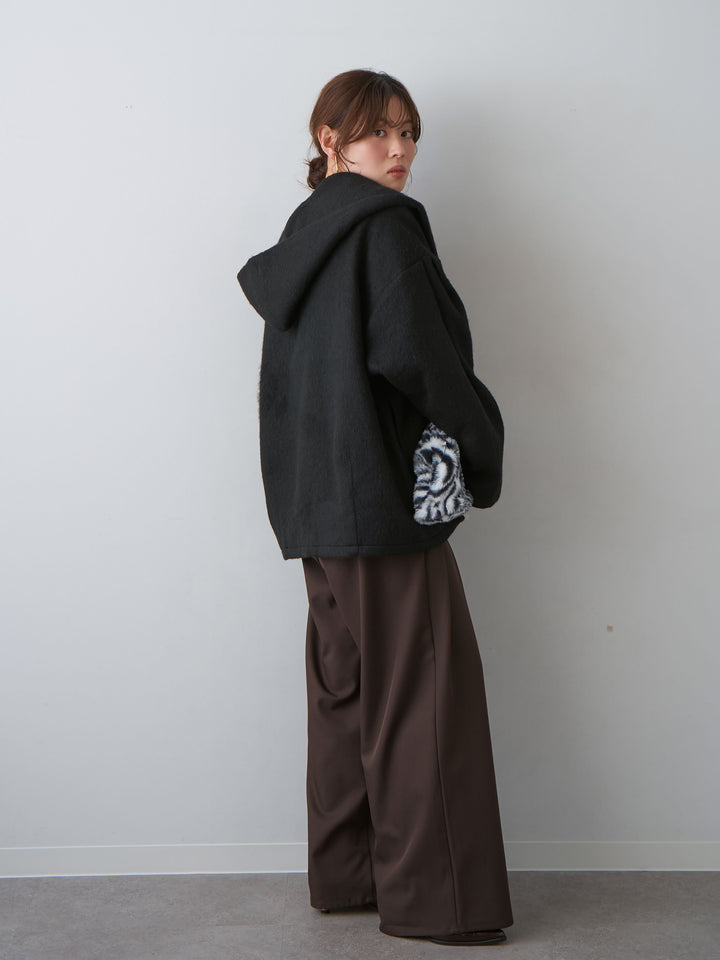 [SET]フードマフ付メランジコート+ツイルタックワイドパンツ(2set)