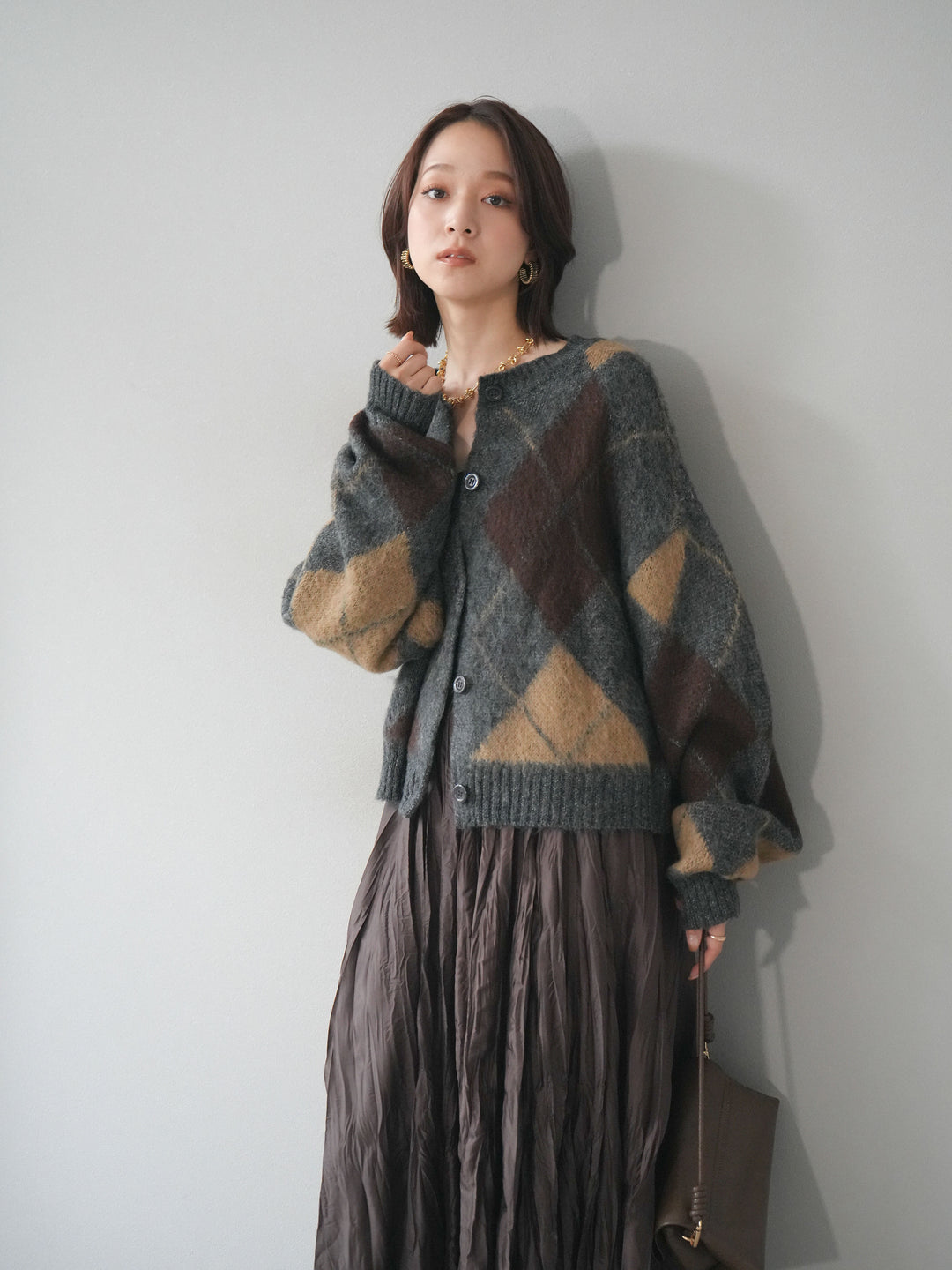 [予約]モヘアタッチアーガイルニットカーディガン/charcoal
