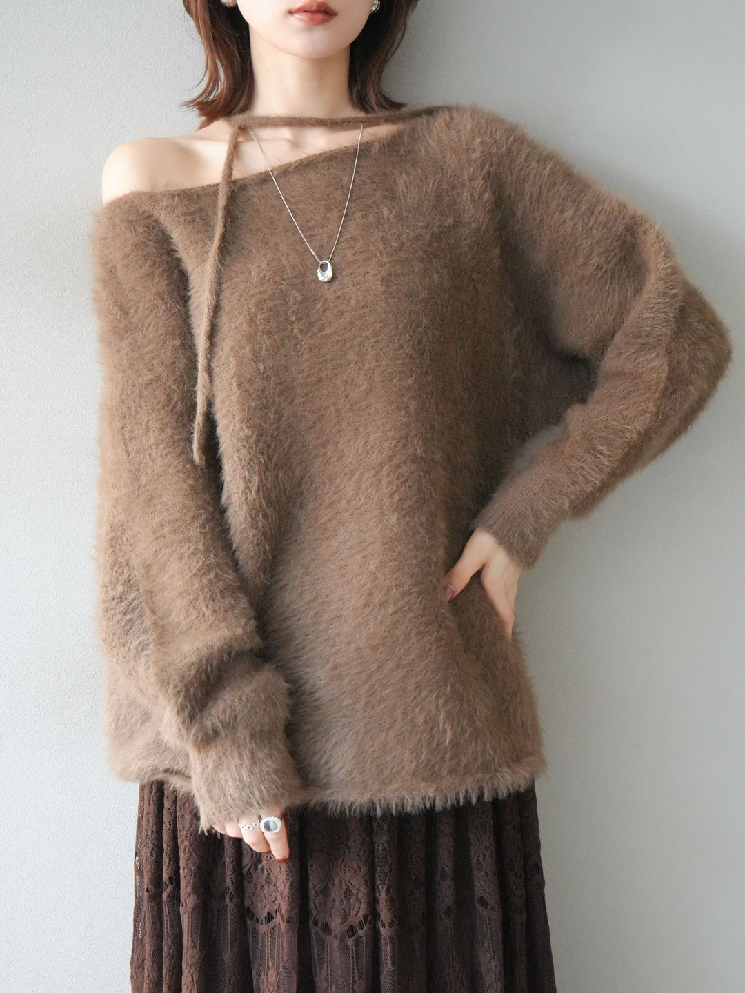 [予約]紐付きシャギーニットプルオーバー/camel