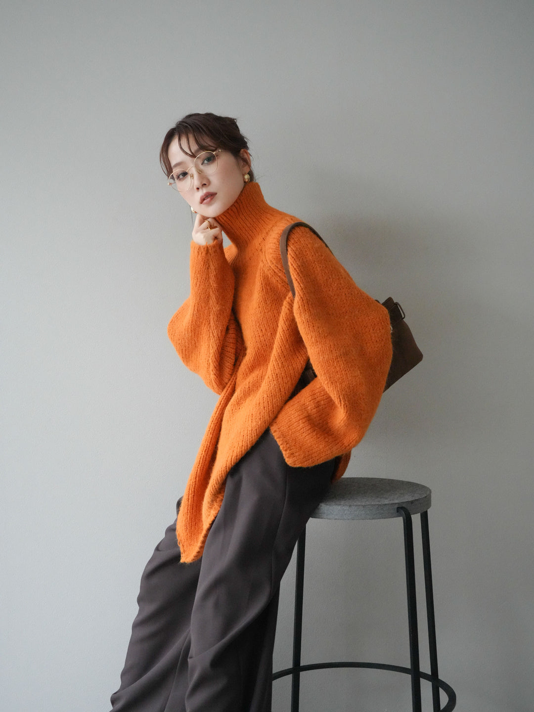 [予約]アシンメトリーハイネックニットプルオーバー/orange