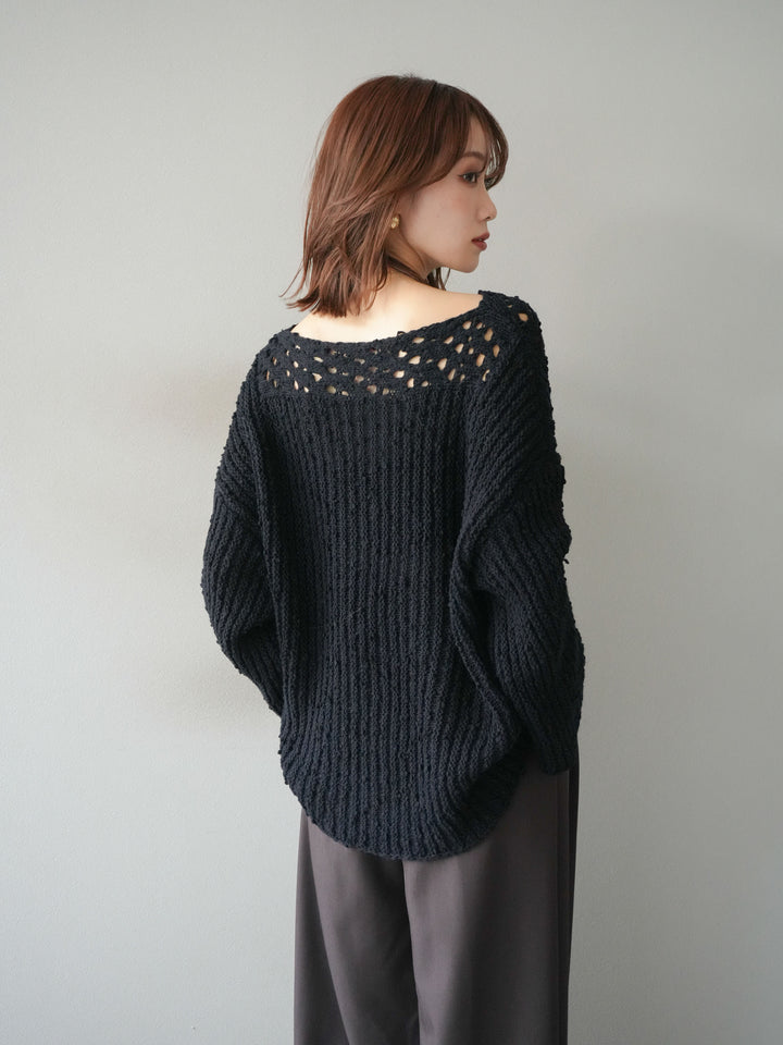 [予約]ボートネック透かし編みニットプルオーバー/navy