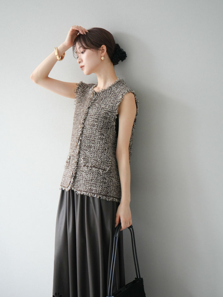 [予約]ミックスツイードフリンジニットベスト/ブラウン