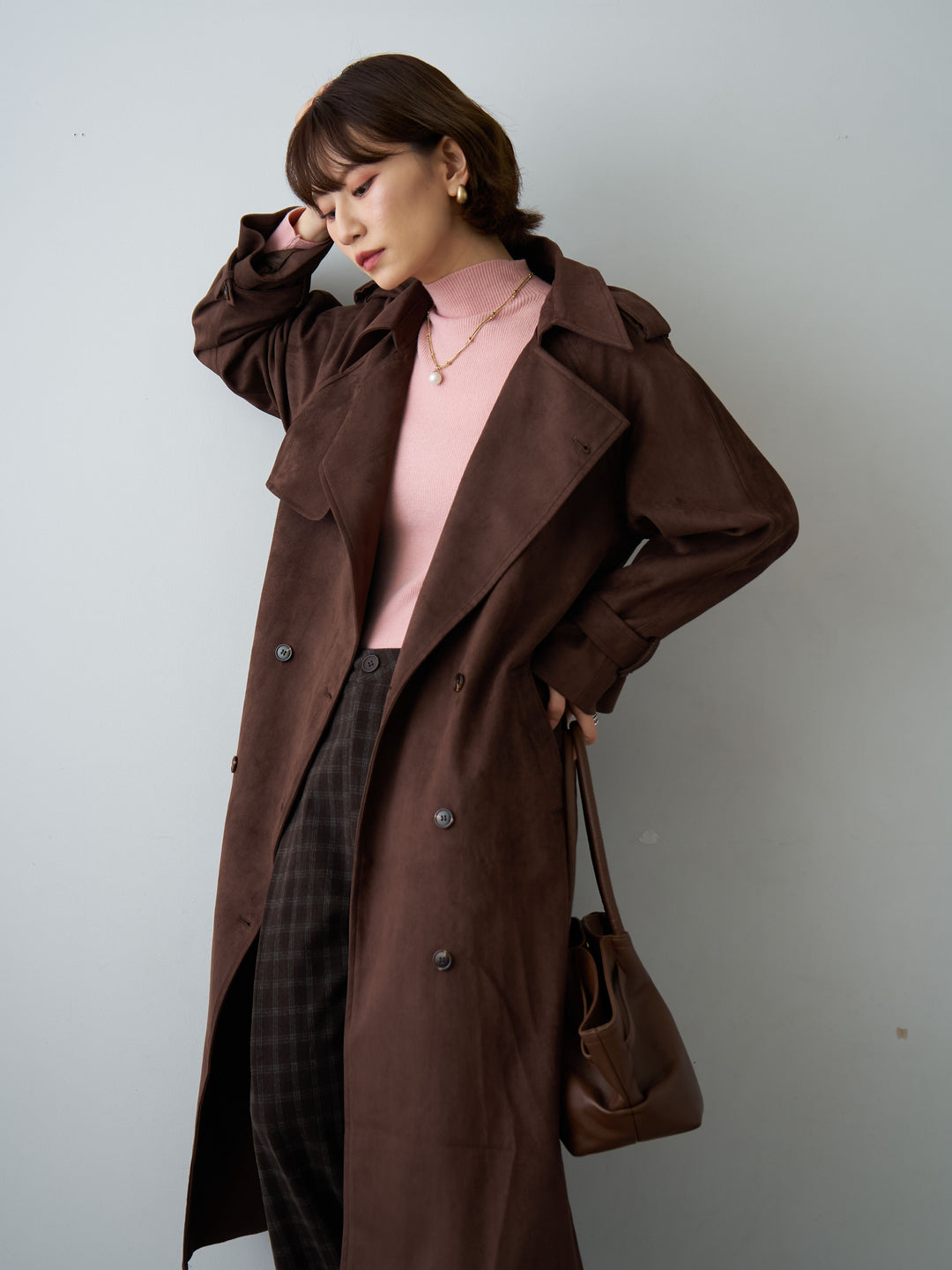 [SET]スウェードタッチロングトレンチコート+チェックサイドベルトデザインタックパンツ(2set)