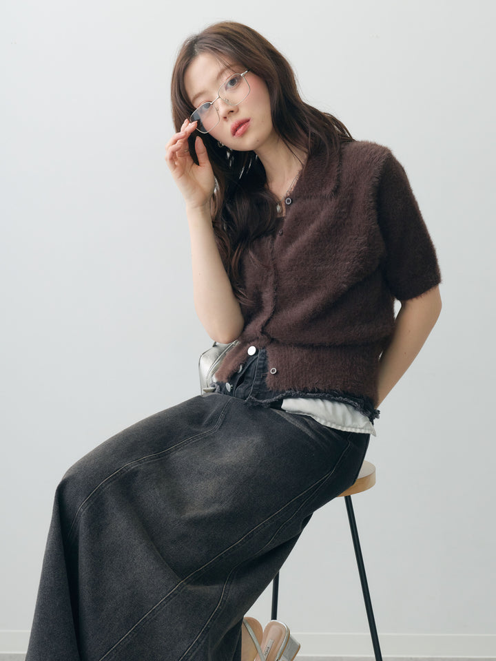 【預購】毛絨針織polo開襟衫/棕色