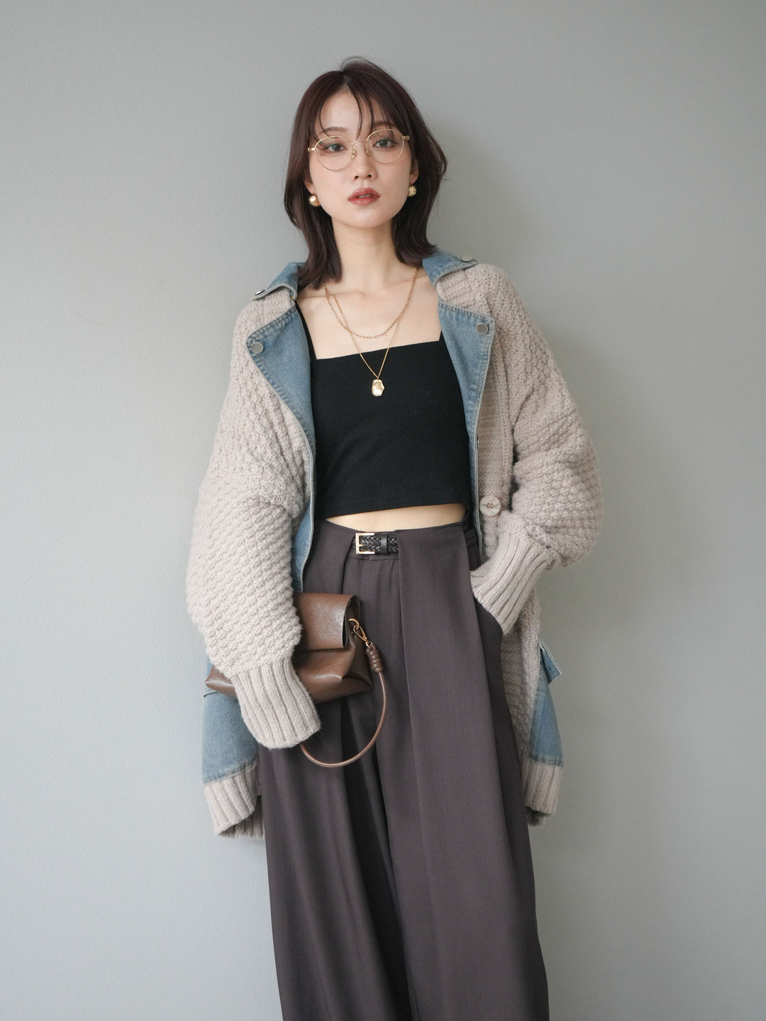 [予約]デニム襟レイヤードニットジャケット/greige