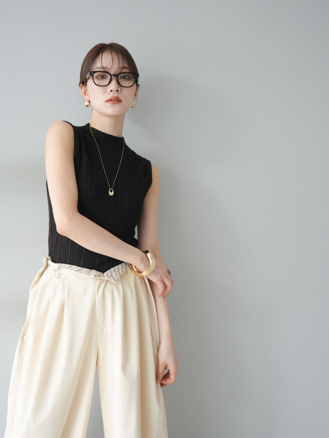 [予約]スリーブレスランダムリブニットトップス/ブラウン