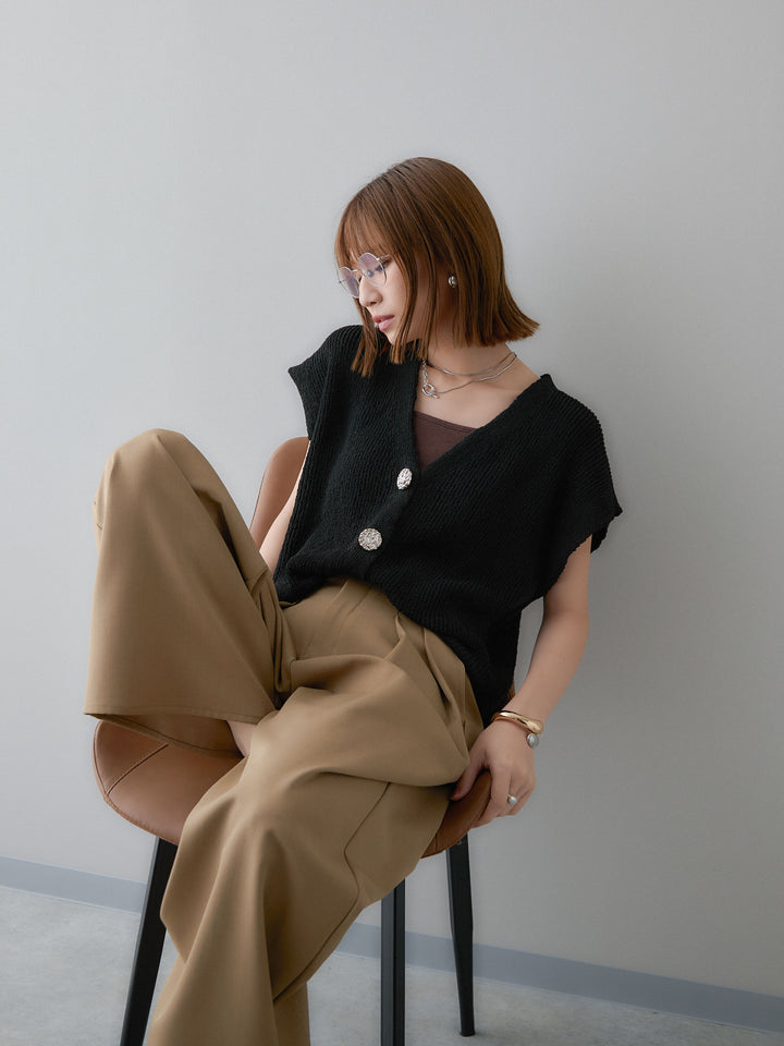 [SET]ゴールドボタンリブニットベスト+クレープデシンタックワイドパンツ(2set)
