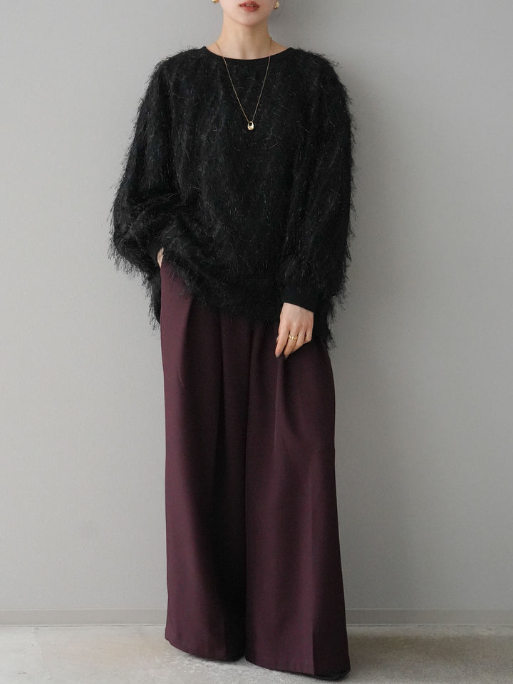 【預購】流蘇薄紗多層抓絨套頭衫/黑