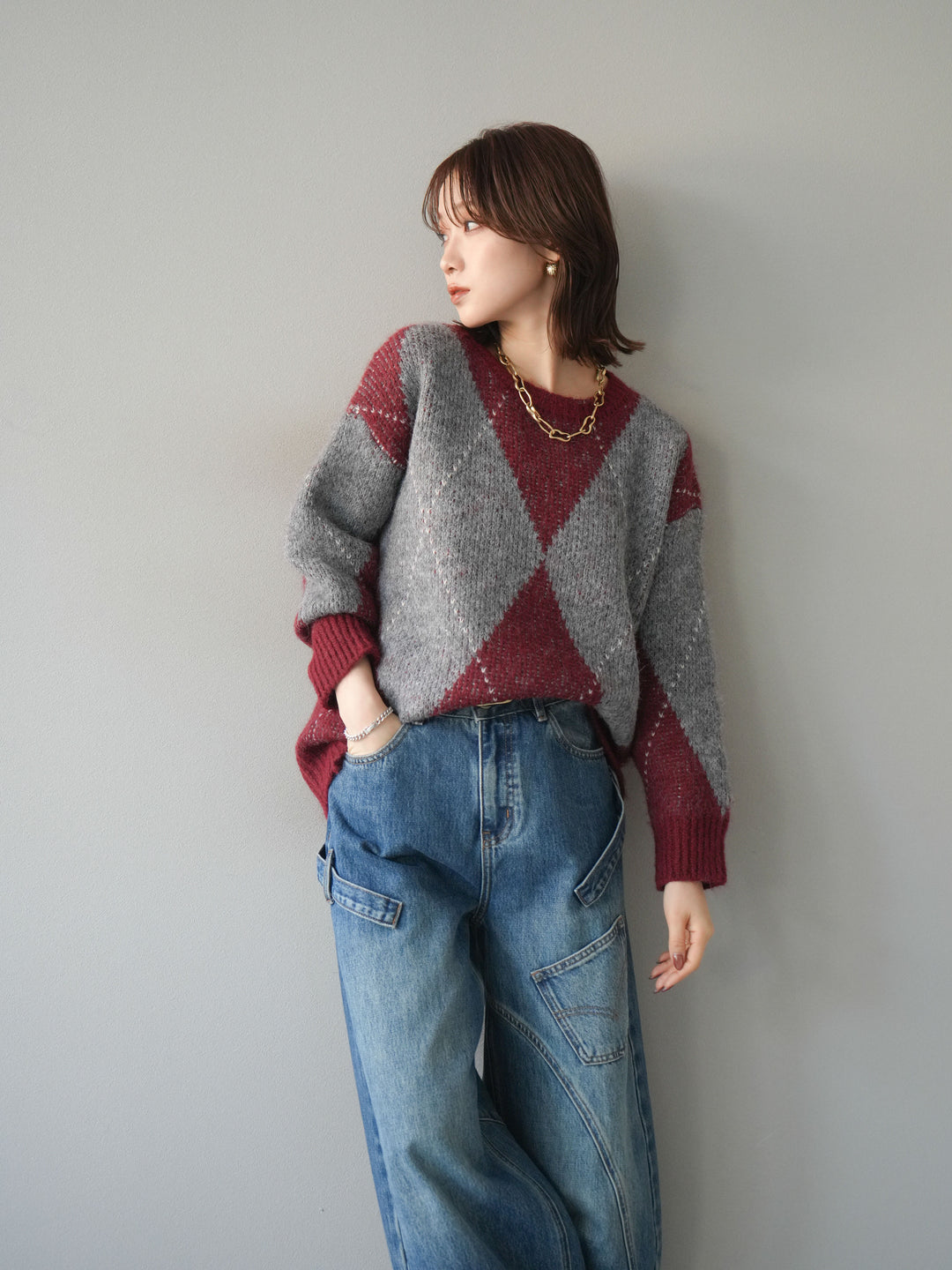 [予約]アーガイルオーバーニットプルオーバー/bordeaux