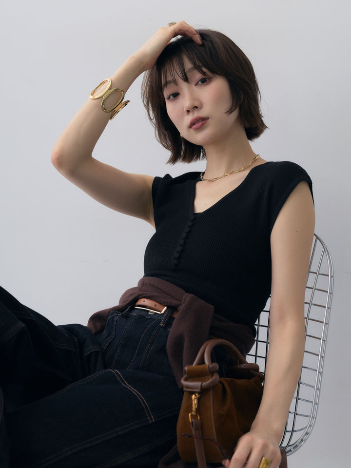 [SET]くるみボタンスリムフレンチニットトップス+モックネックリブスリムニットトップス+パネルステッチバレルデニム(3set)