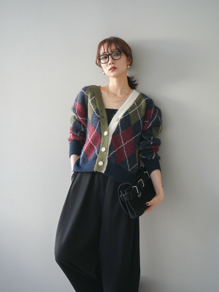 [予約]配色アーガイル柄ニットカーディガン/green