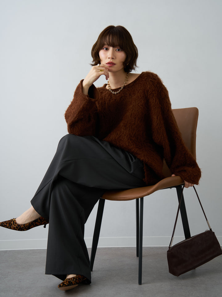 [SET]ボートネックシャギーオーバーニットトップス+ツイルタックワイドパンツ(2set)