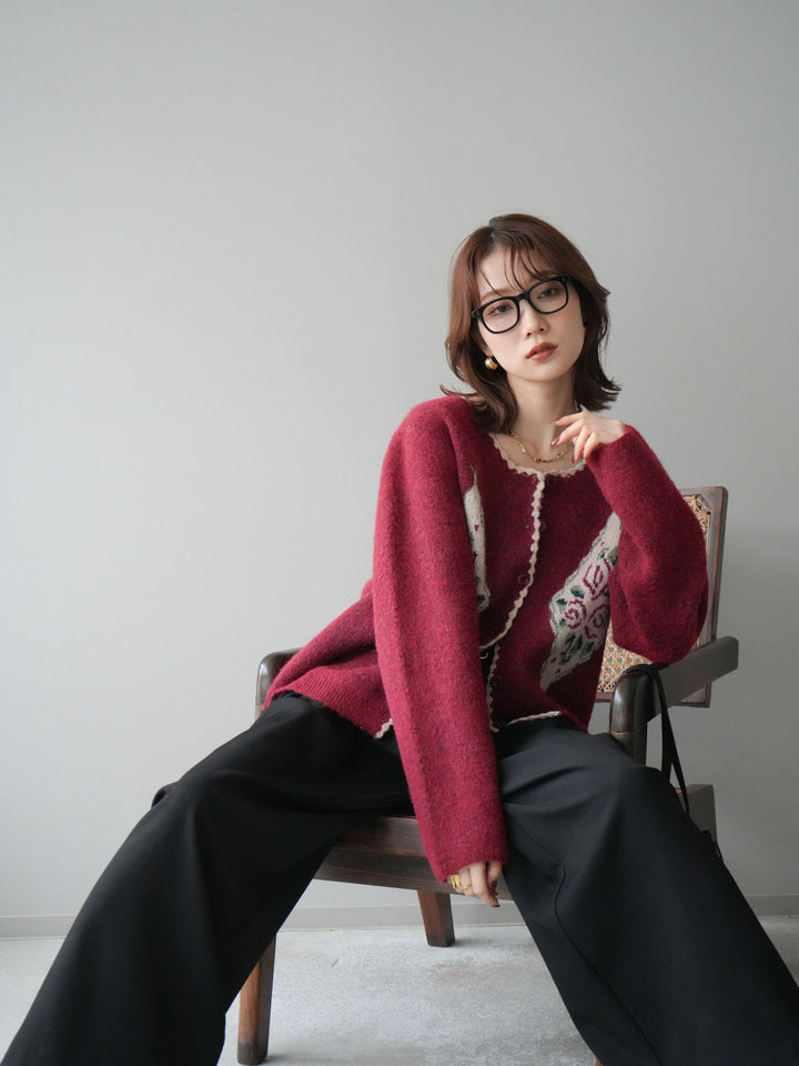 [予約]アンティークフラワージャガードニットカーディガン/red