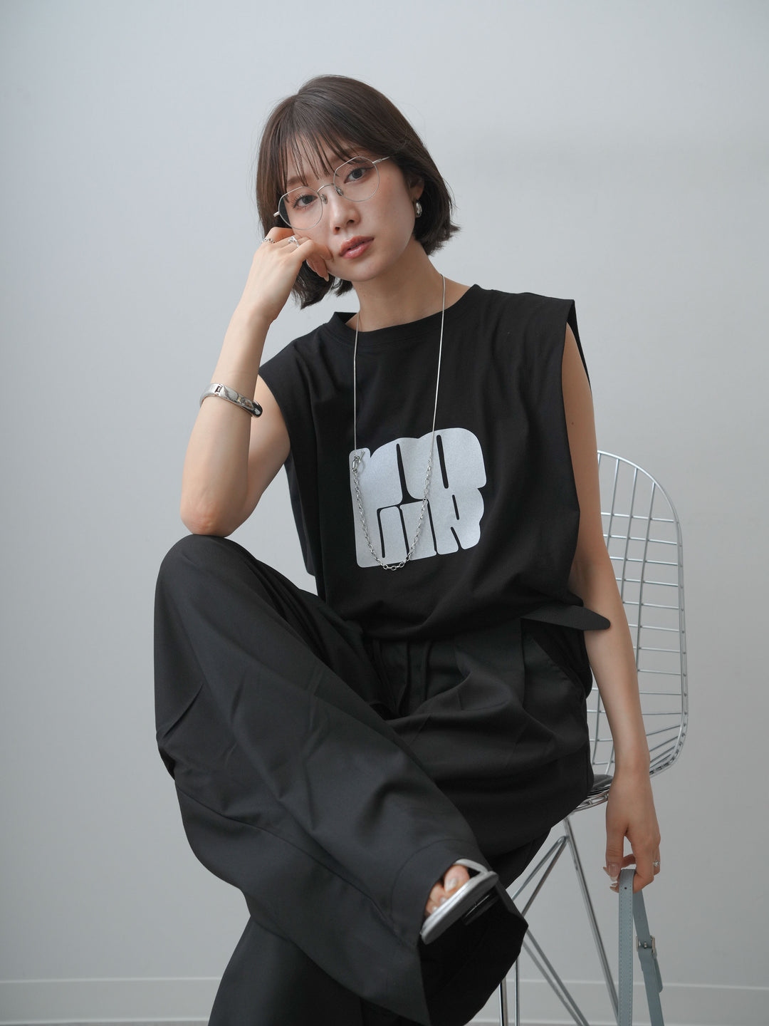 [SET]ワイドネックプリントTEE+ショルダータックノースリーブオーバーTEE(2set)