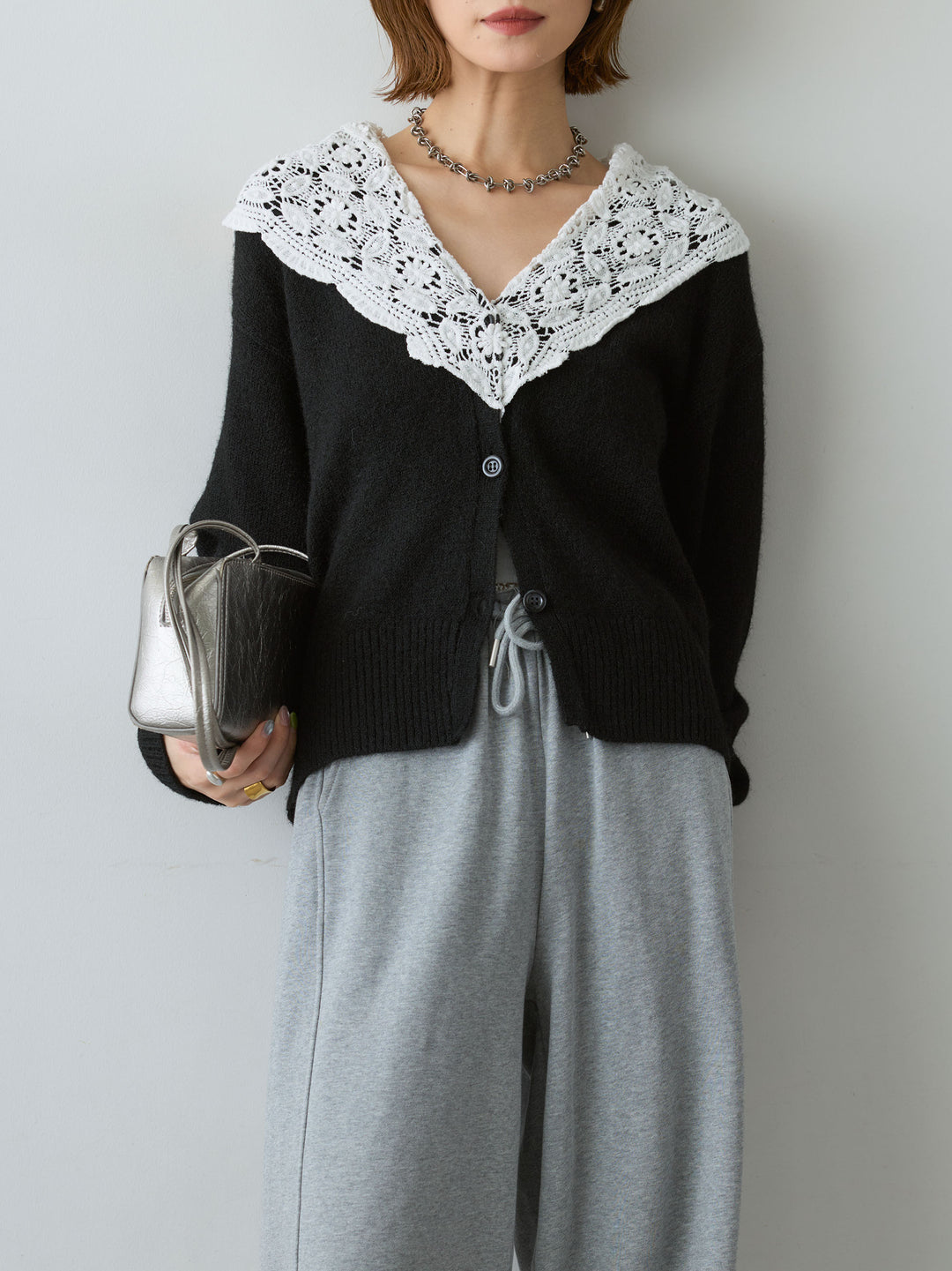 [SET]モヘアレースショールカラーカーディガン+選べるアクセセット(2set)