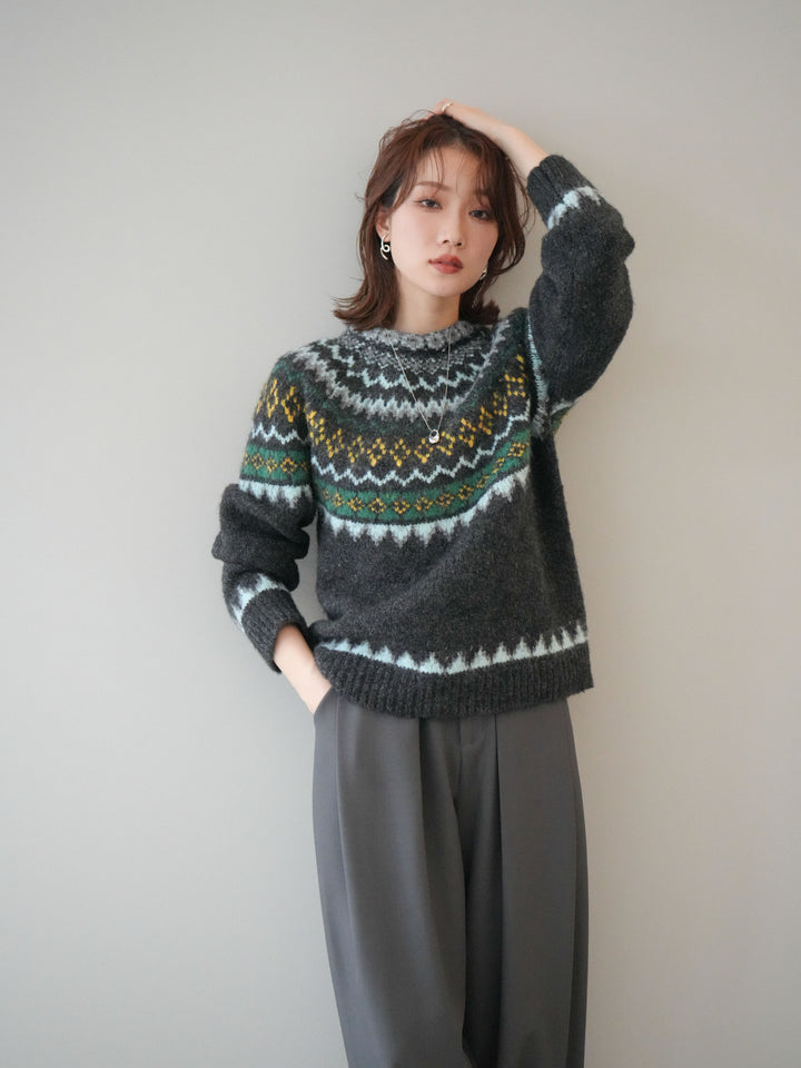 [予約]ウールタッチ求心柄オーバーニットプルオーバー/gray