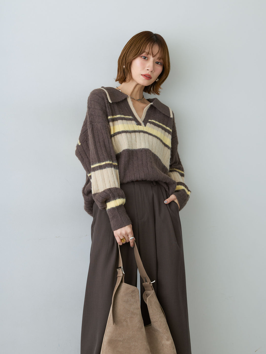 [SET]マルチボーダー起毛スキッパーニットトップス+ウエストレースドレープワイドパンツ(2set)