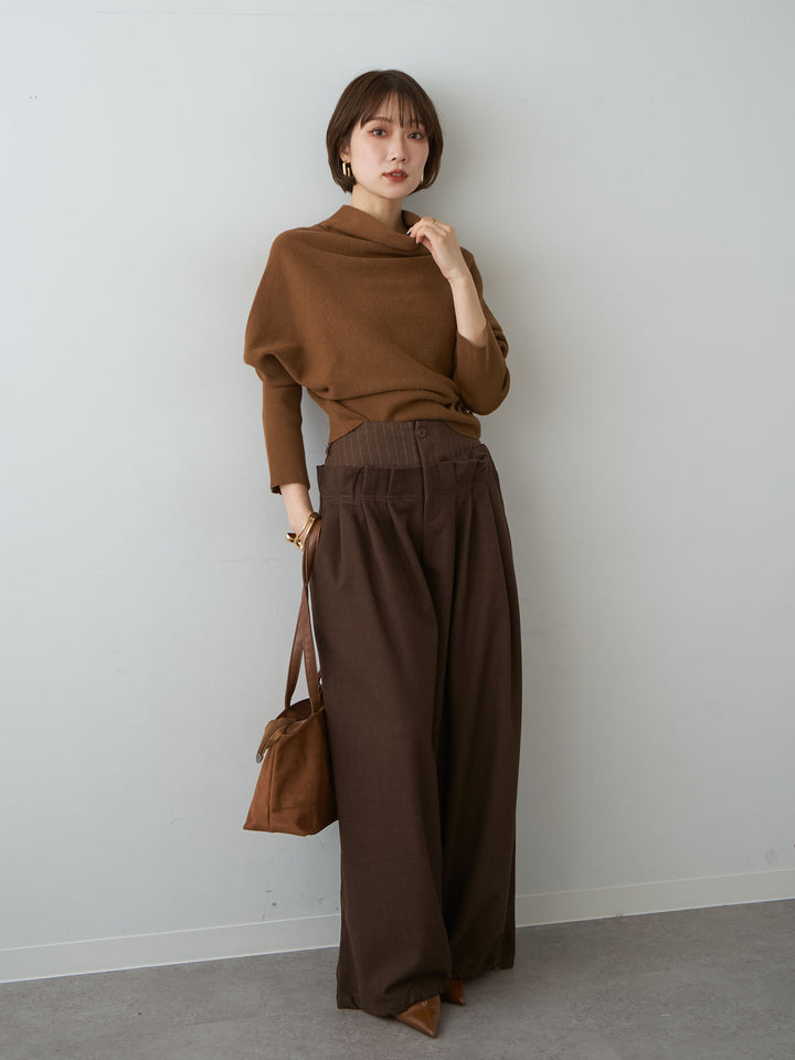 [SET]ハイネックサイドボタンギャザーニットトップス+ウエストデザインドロストワイドパンツ(2set)