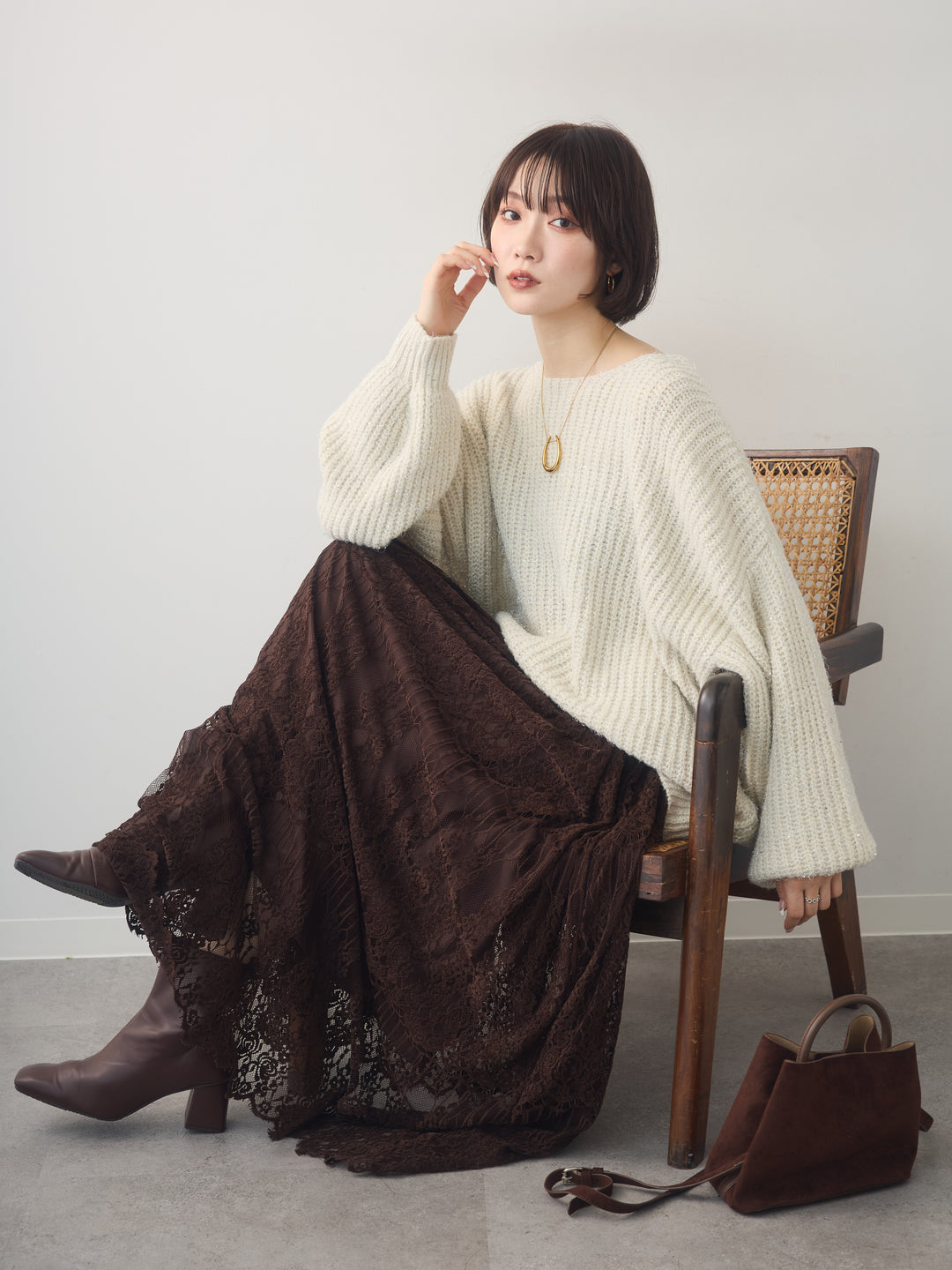 [SET]バルーンスリーブスパンリブニットトップス+ベロアレースドレープフレアスカート(2set)