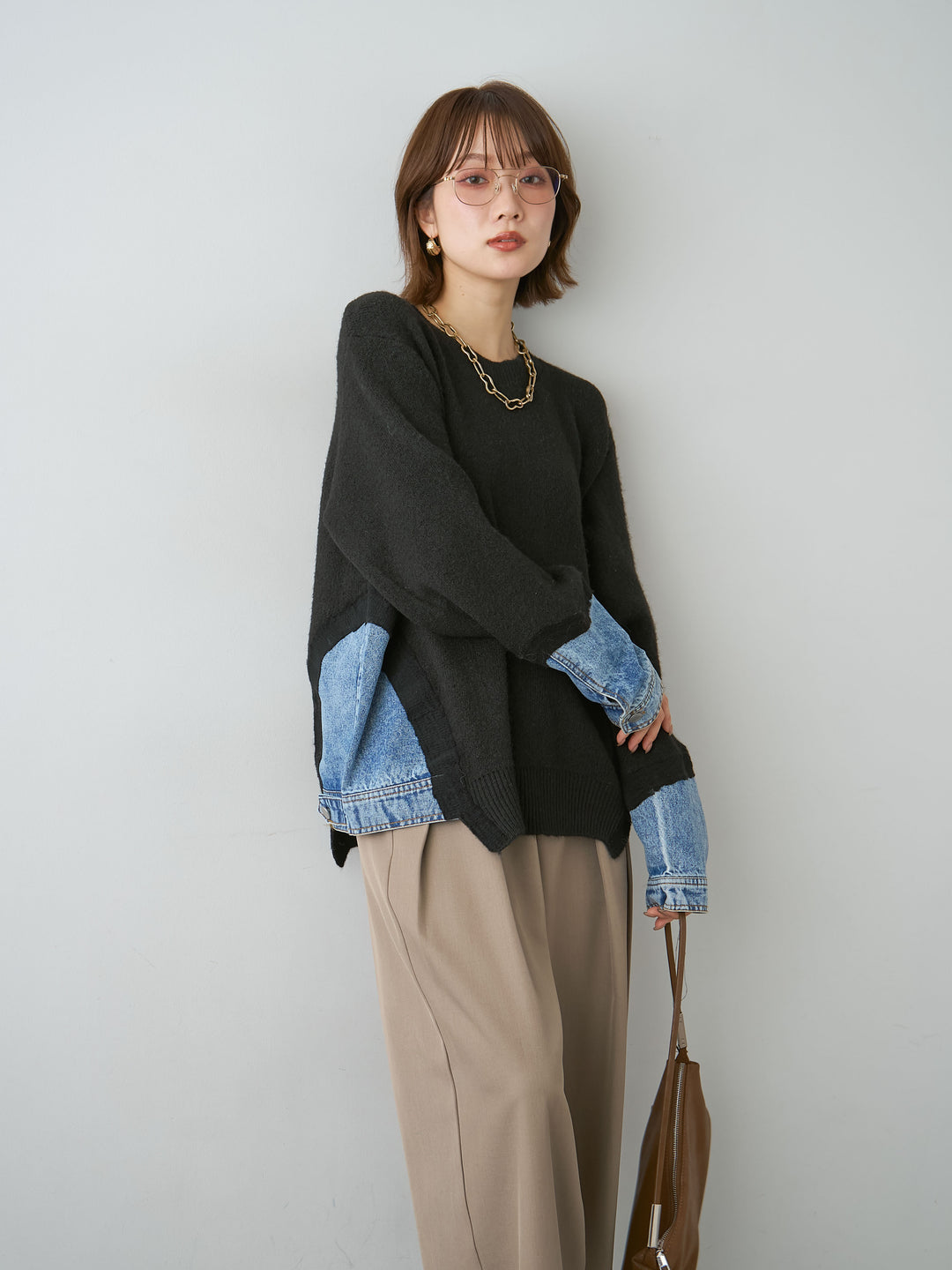 [予約]デニムドッキングニットプルオーバー/black