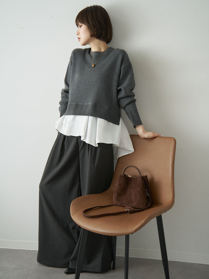 [予約]アシンメトリーシャツレイヤードニットプルオーバー/darkgray