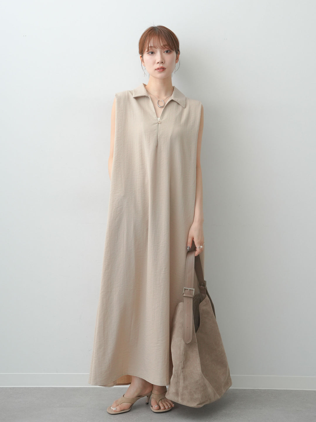 [予約]リネンライクスキッパーショルダータックワンピース/lightbeige